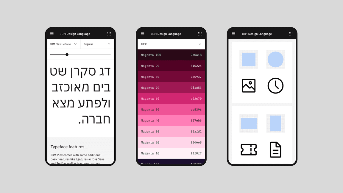 illustration of three mobile mockups of IBM Design Language site